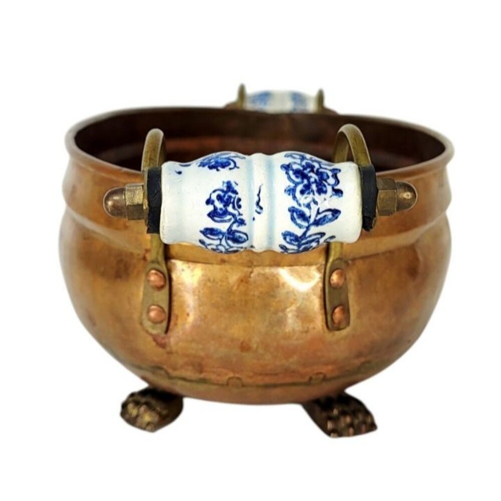 Antique Copper Brass Lion Claw Feet Delft Porcelain Handles Oval Planter Bowl